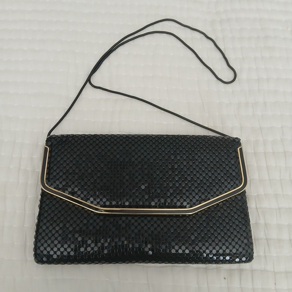 Vintage 80s Retro Black w/Gold Accent Mesh Shoulder Bag Evening Clutch Purse/Bag - Picture 1 of 8